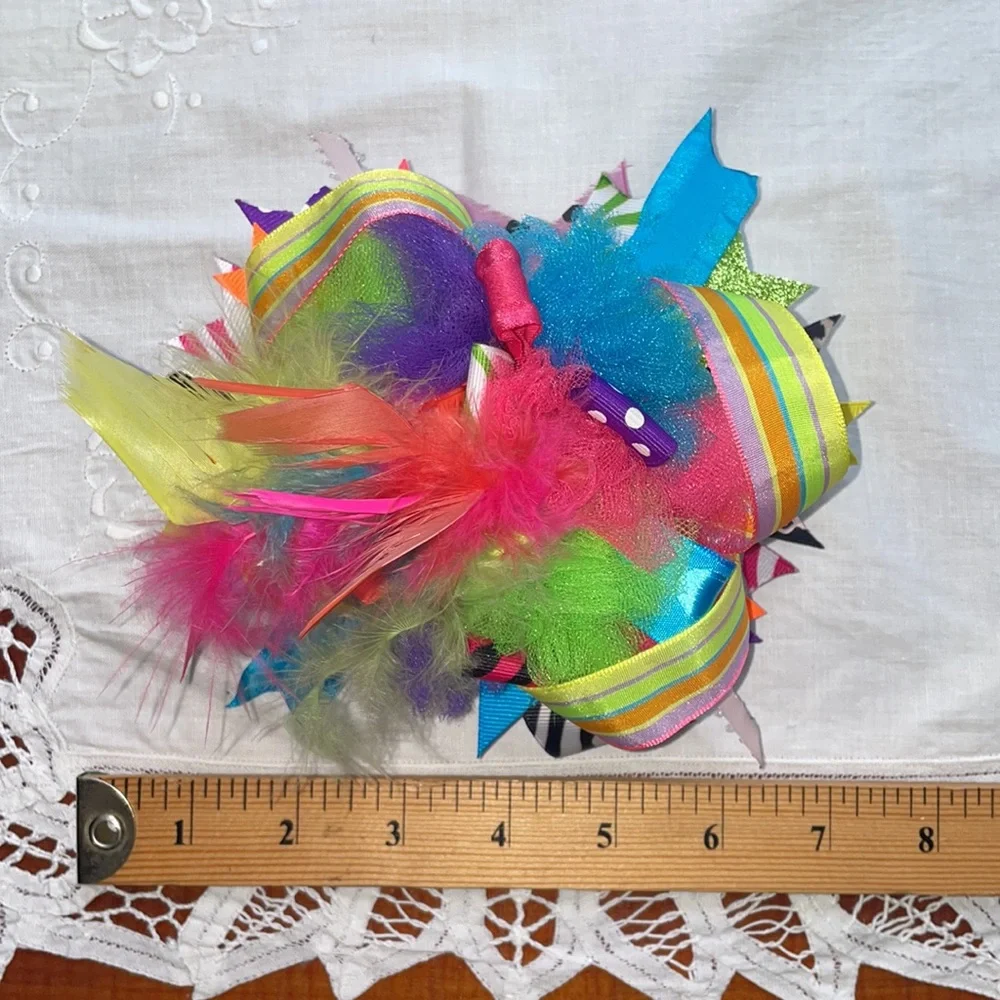 Girls Large Custom Boutique Hair Bow Feathers Rainbow Ribbon Zebra Polka Dot